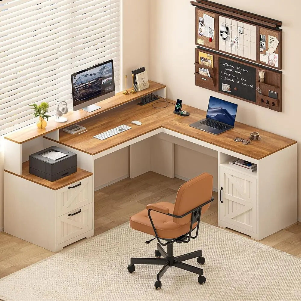 L Shaped Executive Desk with Ders & Storage Shel, Computer Desk with Power Outlets, L Shaped Oice Desk with Monitor
