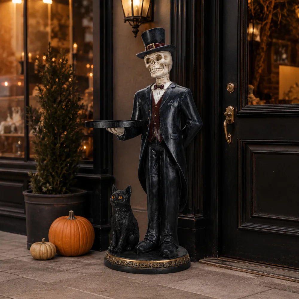 Halloween Skeleton Butler Floor Statue with Serving Tray and Black Cat for Home Entryway
