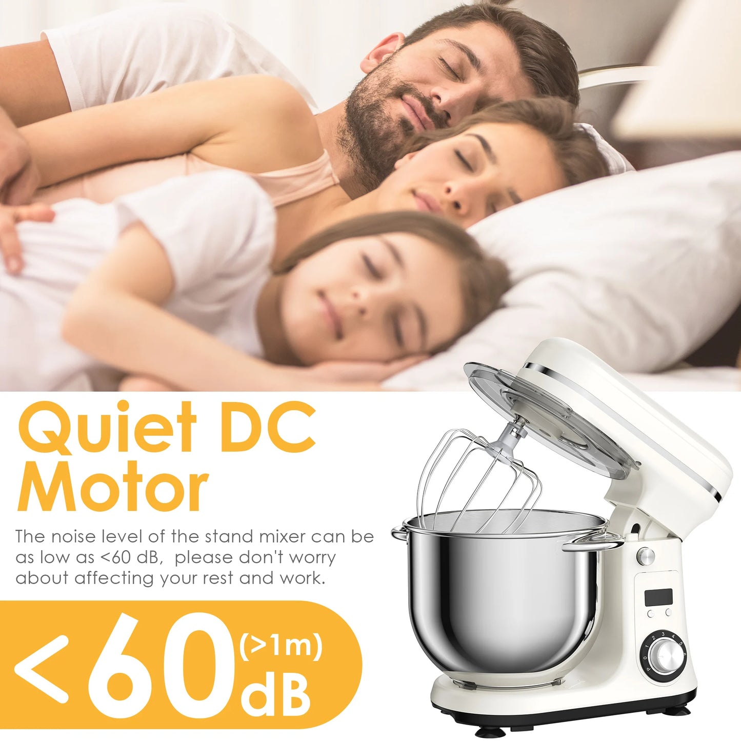 Food Stand Mixer, Blender, Quiet Motor, Cream Egg Whisk, Whip Dough Kneader, 6-Speed, 1200 W, 6 L, DC