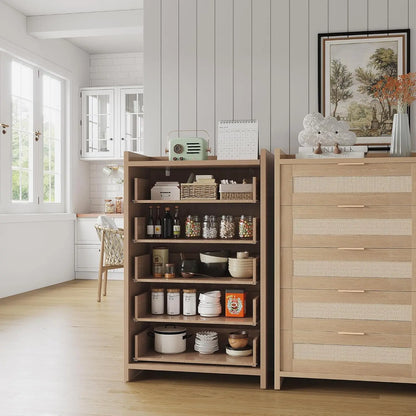 Rattan Dresser with 5 Drawers, Wooden Chest of Dresser for Bedroom, Boho Night Stand Storage for Living Room, Hallway, Closet