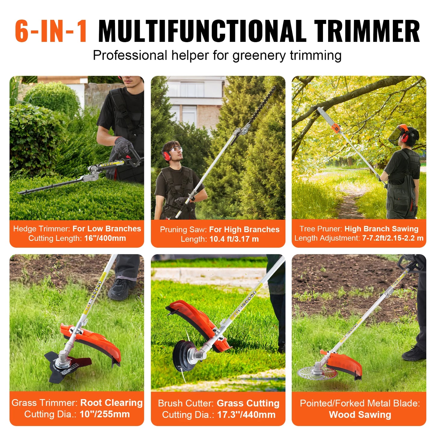 6-in-1 MultiFunctional Trimming Tools Gas Hedge Trimmer Weed Eater String Trimmer Brush Cutter Edger Pole Chainsaw