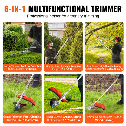 6-in-1 MultiFunctional Trimming Tools Gas Hedge Trimmer Weed Eater String Trimmer Brush Cutter Edger Pole Chainsaw
