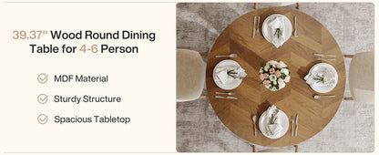Round Dining Table for 4 People, Farmhouse Kitchen Dinner Table with Wooden Tabletop and Legs for Kitchen,Living Room