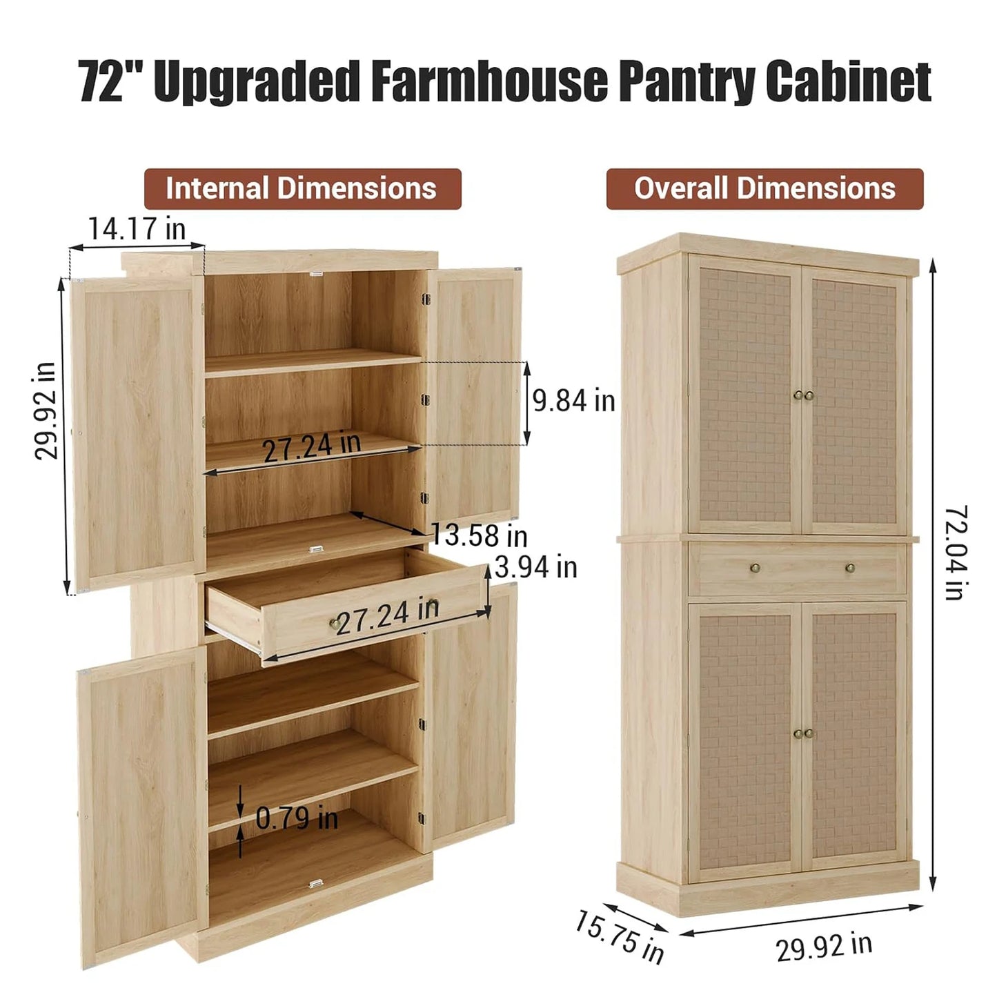 Kitchen Pantry Cabinet 72" Tall Storage Pantries with 4 Doors and Adjustable Shelves,Farmhouse Cabinet with 1 Drawer