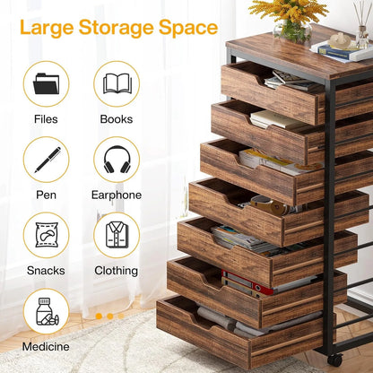 7-Drawer File Cabinet with Drawers & Wheels, Wood Mobile Storage Drawer