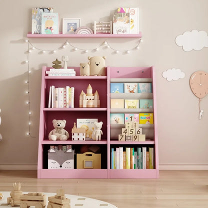 Pink Wooden Toy Storage Organizer Cabinet Bookshelf Bookcase Toddler Baby Sling Book Rack Adjustable Shelf for Playroom Bedroom