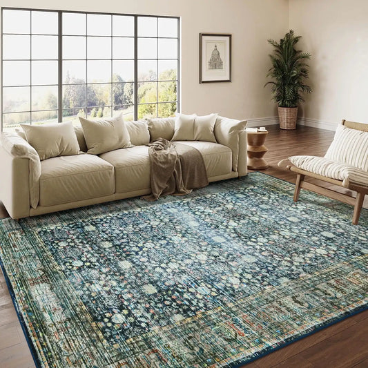 Floral Washable Rugs, Area Rug for Living Room, Soft Large Boho Bedroom Rugs, Botanical Non Slip Ultra Thin Floor Carpet