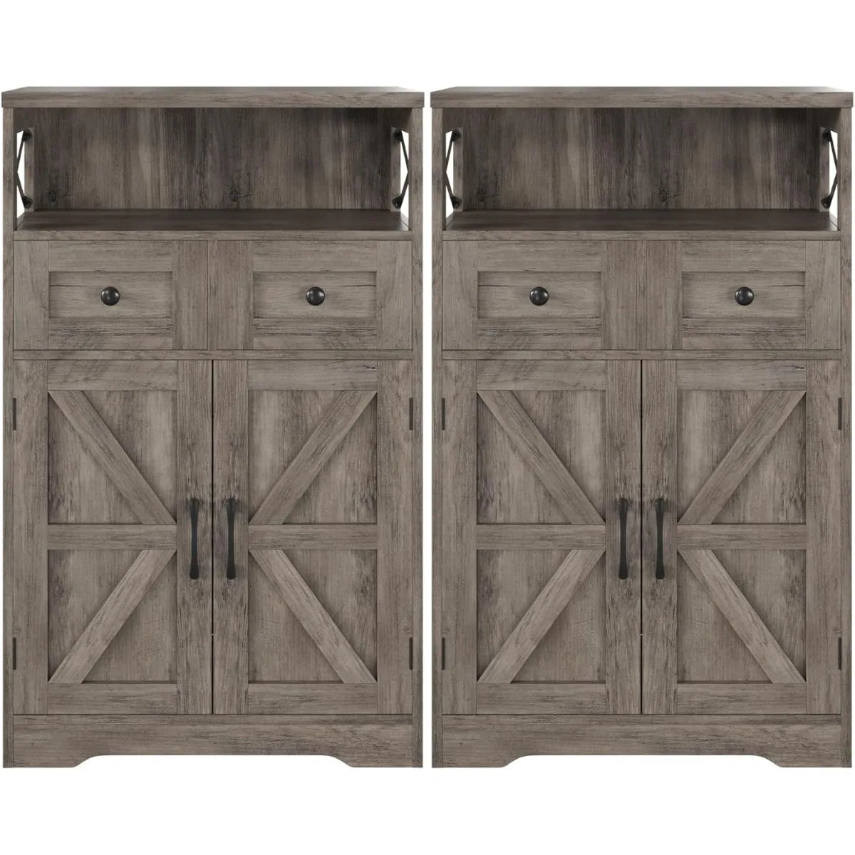 Set of 2 Storage Cabinet w Barn Door Drawer