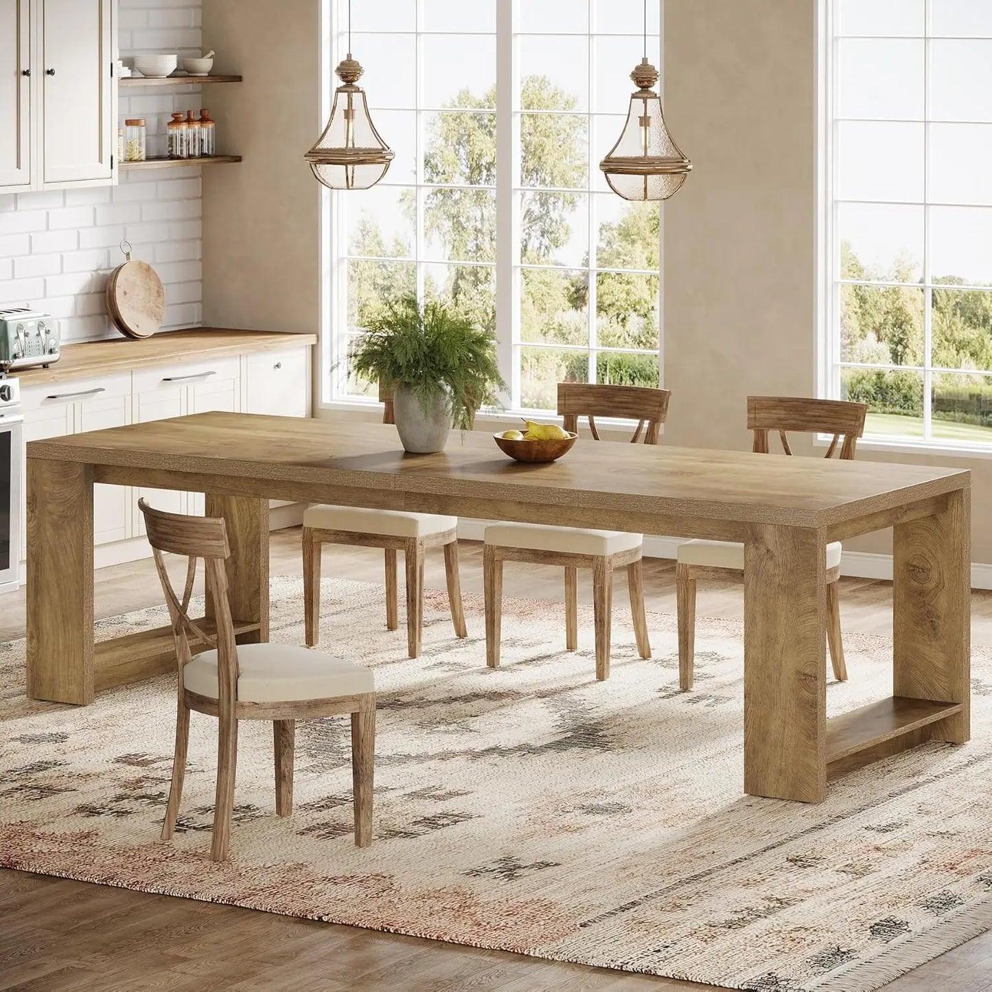 86.61-Inch Dining Table for 6 People, Modern Narrow Long Kitchen Table with Pedestal Base, Farmhouse Extra Long, Customized