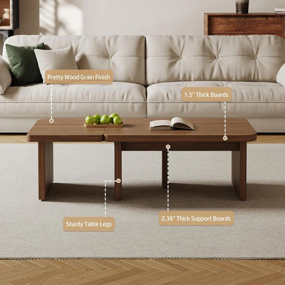 Mid-Century Nesting Coffee Table Set, 2 Adjustable Square Wood Tables, Minimalist Tea Table, Brown