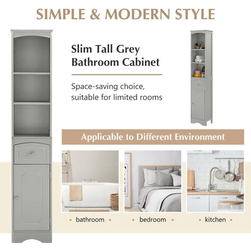 Freestanding Tall Bathroom Storage Cabinet, MDF with Drawer, Adjustable Shelf, Grey Finish