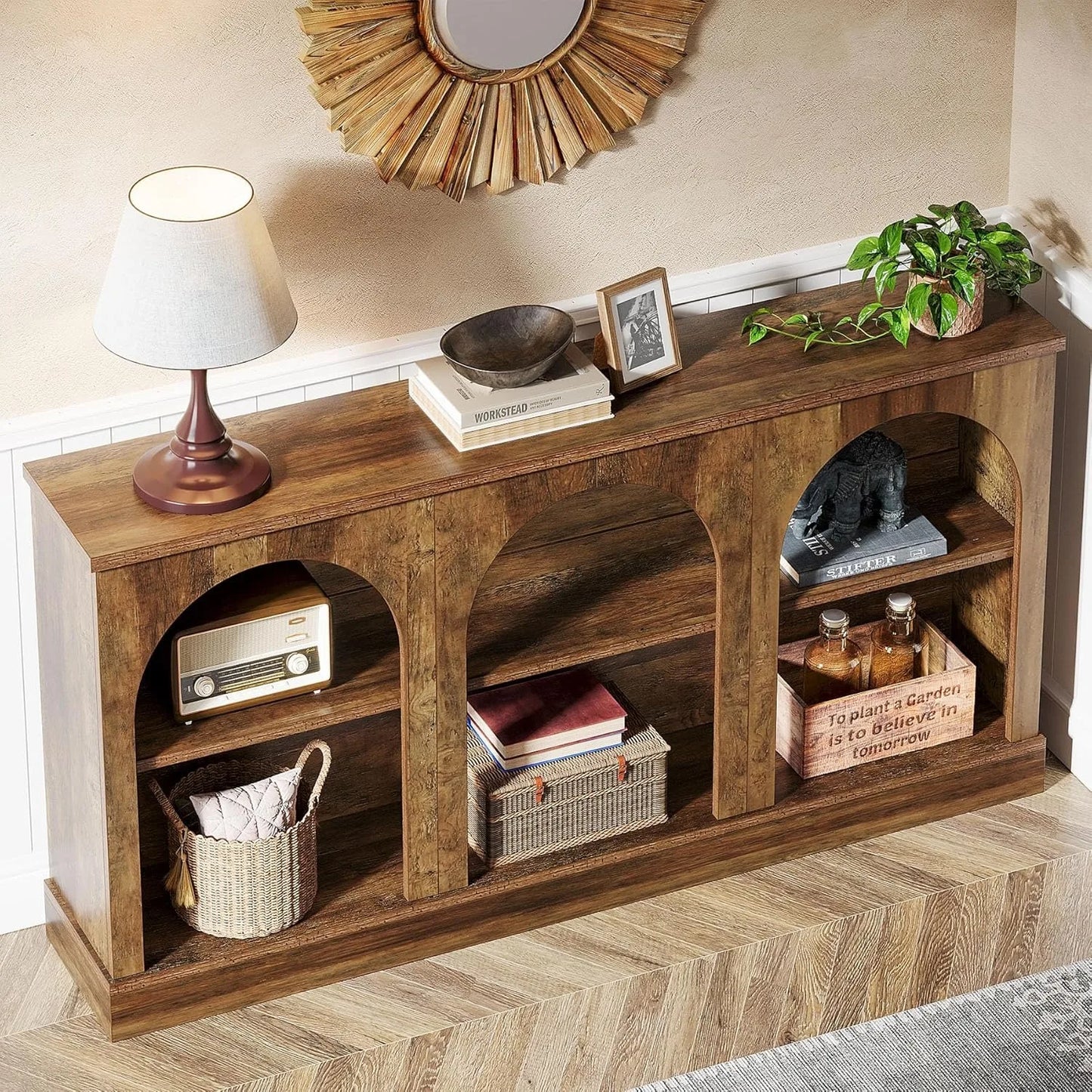 Farmhouse Console Table 63Inch, 3 Tier Storage Wooden Rectangular Sofa Table for Entryway Hallway Living Room Brown