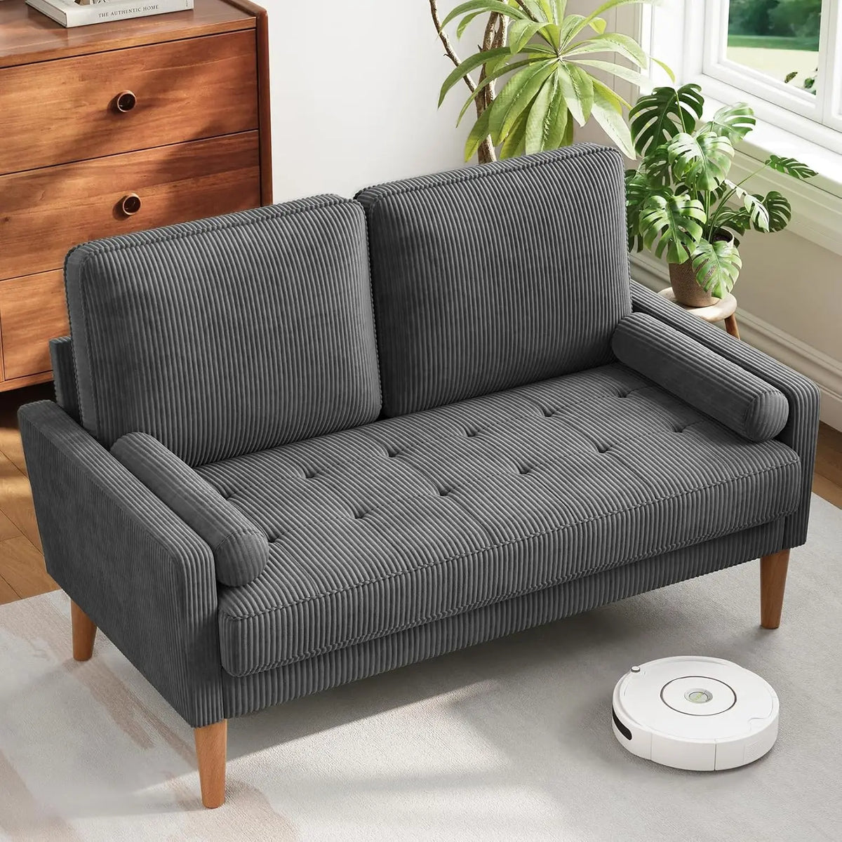 Loveseat Sofa - Solid Wood Legs Mid Century Modern Couch Throw Pillow