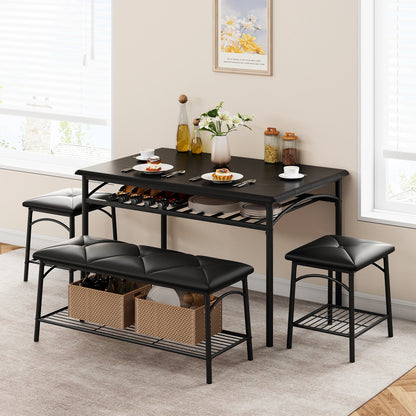 Dining Table Set for 4, Kitchen Table Set with Upholstered Bench and Square Stools, Metal and Wood Dining Room Table Set
