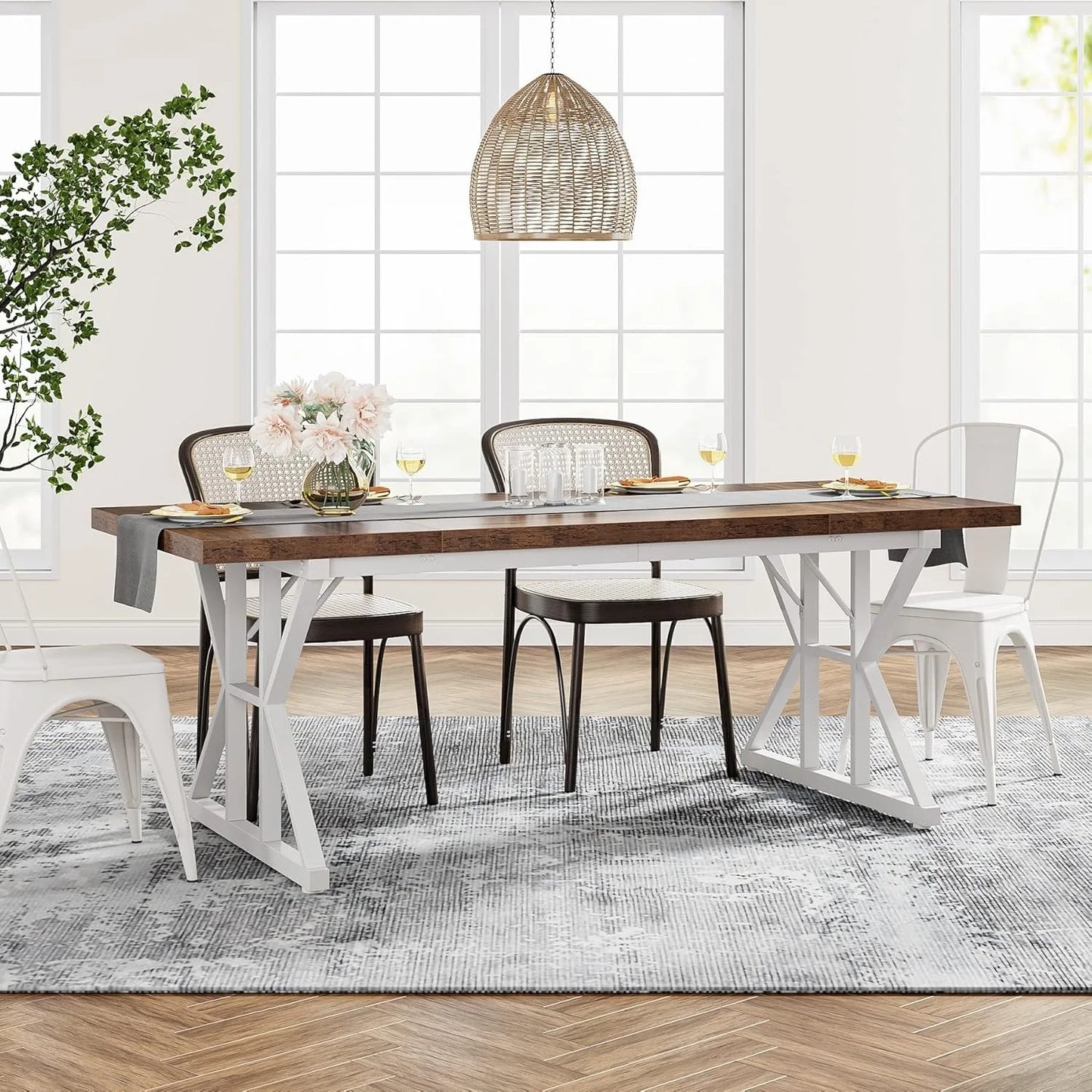 Farmhouse Dining Table for 6 People, 70.8-Inch Rectangular Wood Dining Table, Rustic Kitchen Table with Heavy Duty Metal Legs