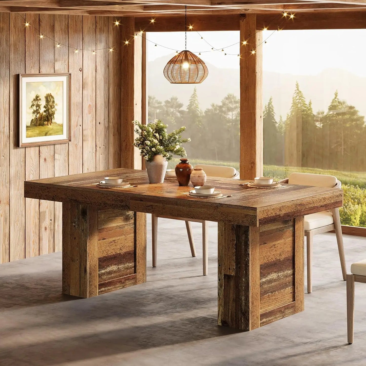 Farmhouse Dining Table for 6, Rectangle Wooden Kitchen Table with Heavy-Duty Legs, Rustic Large Dining Room, Customized