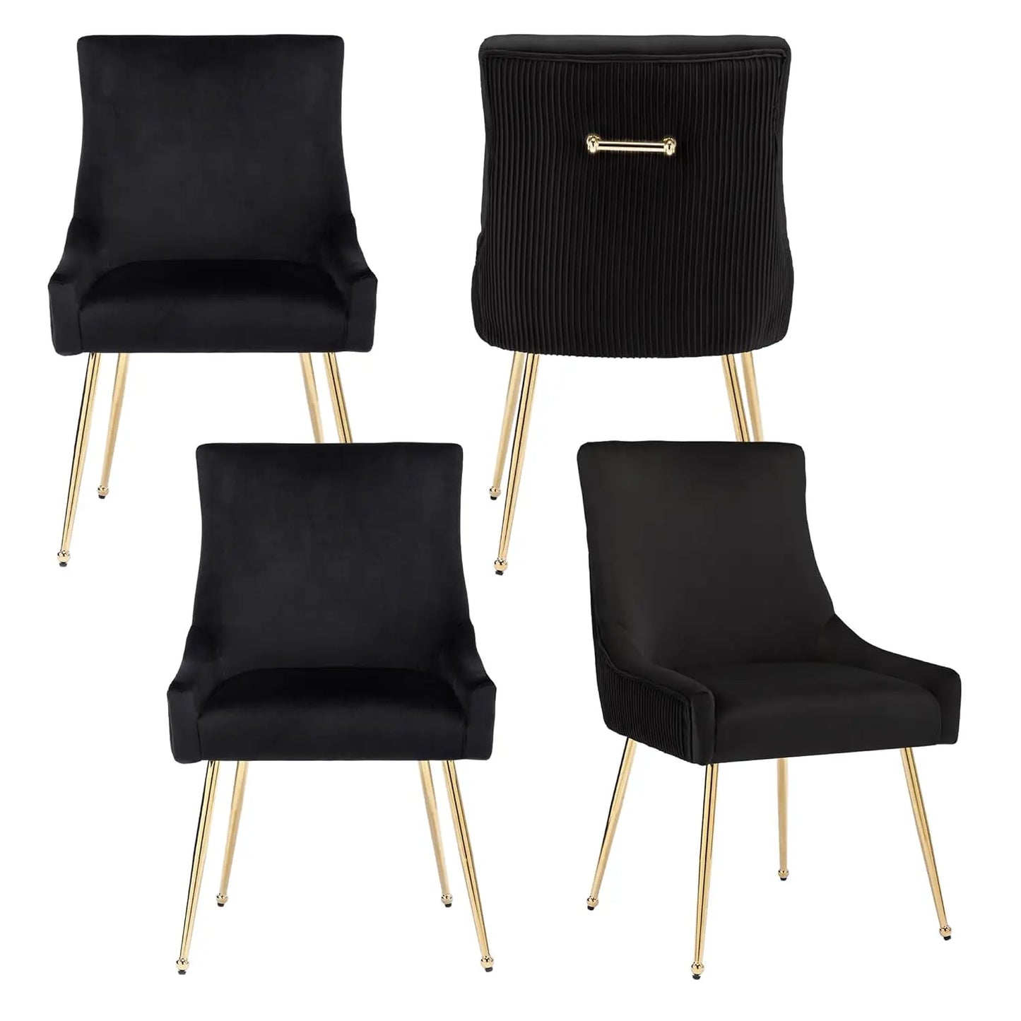 Velvet Dining Chairs Set of 4, Modern Upholstered Kitchen Chair with Pull Handle & Pleated Back, Mid Century Accent