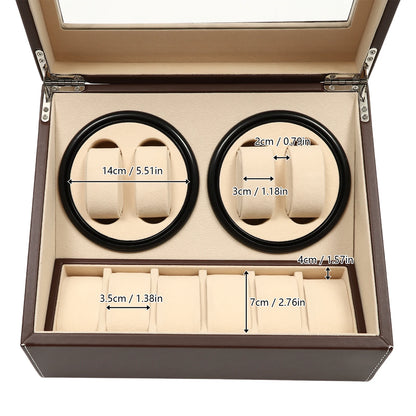 4+6 Rotation Leather Storage Case Display Case Box Automatic Watch Winder Holder Organizer W/Pillow (Brown)