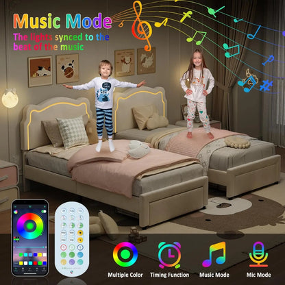 Twin Bed Frame with Upholstered Adjustable Headboard & Smart LED Velvet Princess Platform Bed for Girls/Kids Wood Slats Support