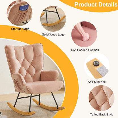 Rocking Chair Nursery, Upholstered Glider Rocker with High Backrest, Stylish Modern Rocking Accent Chair Glider Recliner