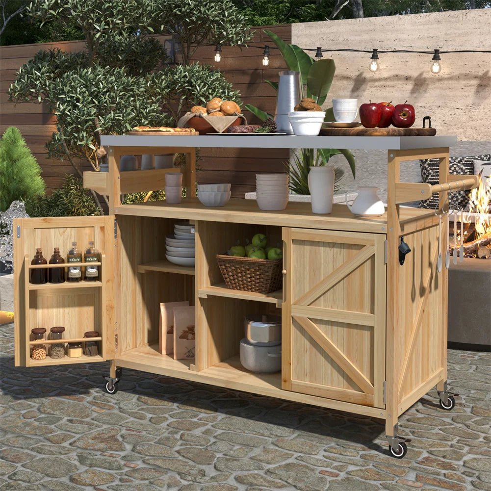 Portable Bar Tables Outdoor Grill Prep Table with Storage Tabletop Spice Rack Internal Storage Racks 4 Locking Mobile Wheels