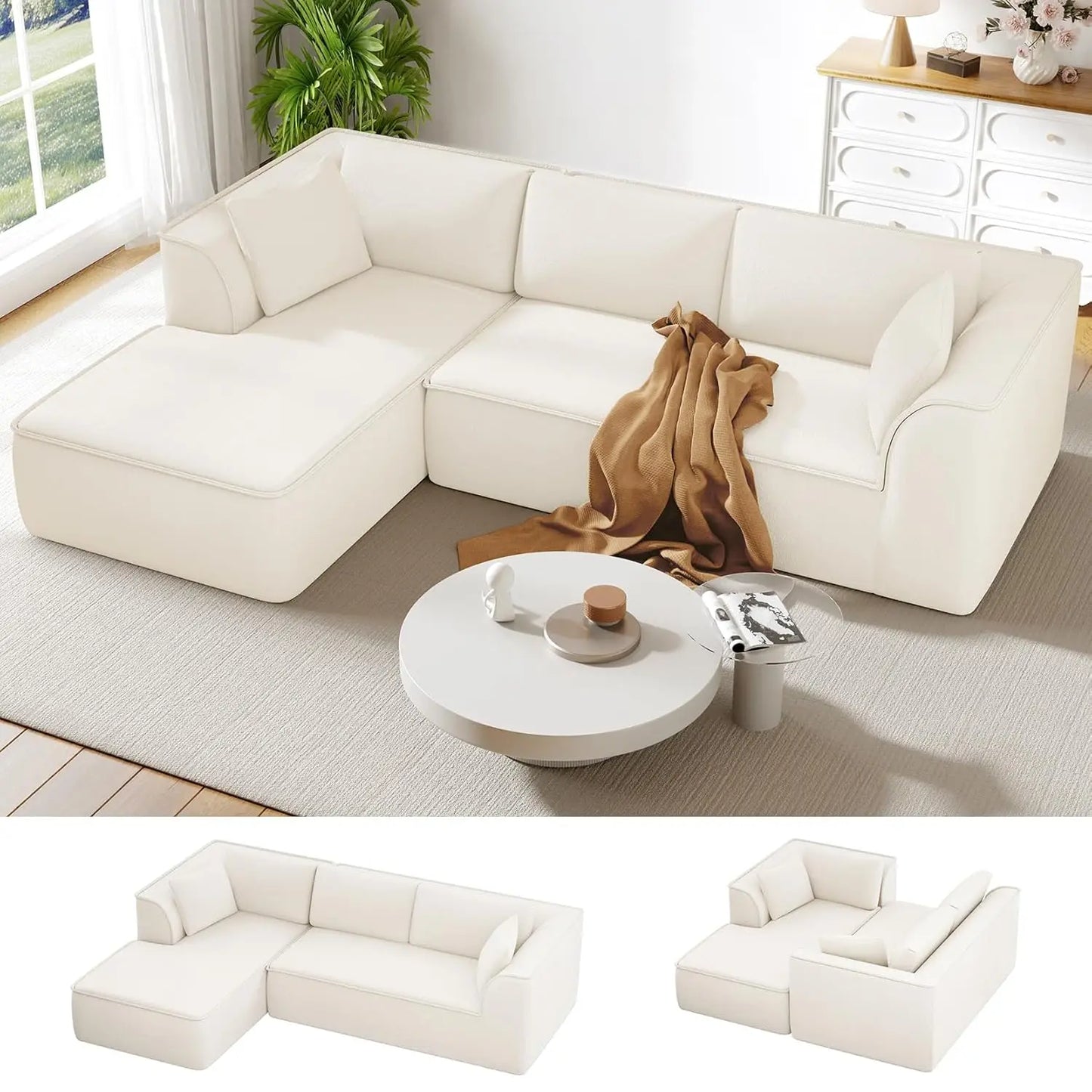 Boneless Couch with Chaise, Deep Seat Comfy Cloud Modular Sofa Corduroy Memory Foam Sectional Couches