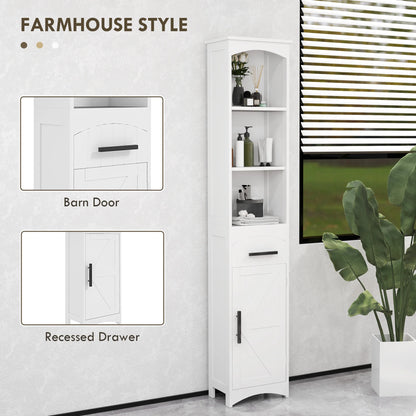 Tall Bathroom Storage Cabinet, Farmhouse Narrow Bathroom Storage Cabinet with Recessed Drawer and Barn Door, White