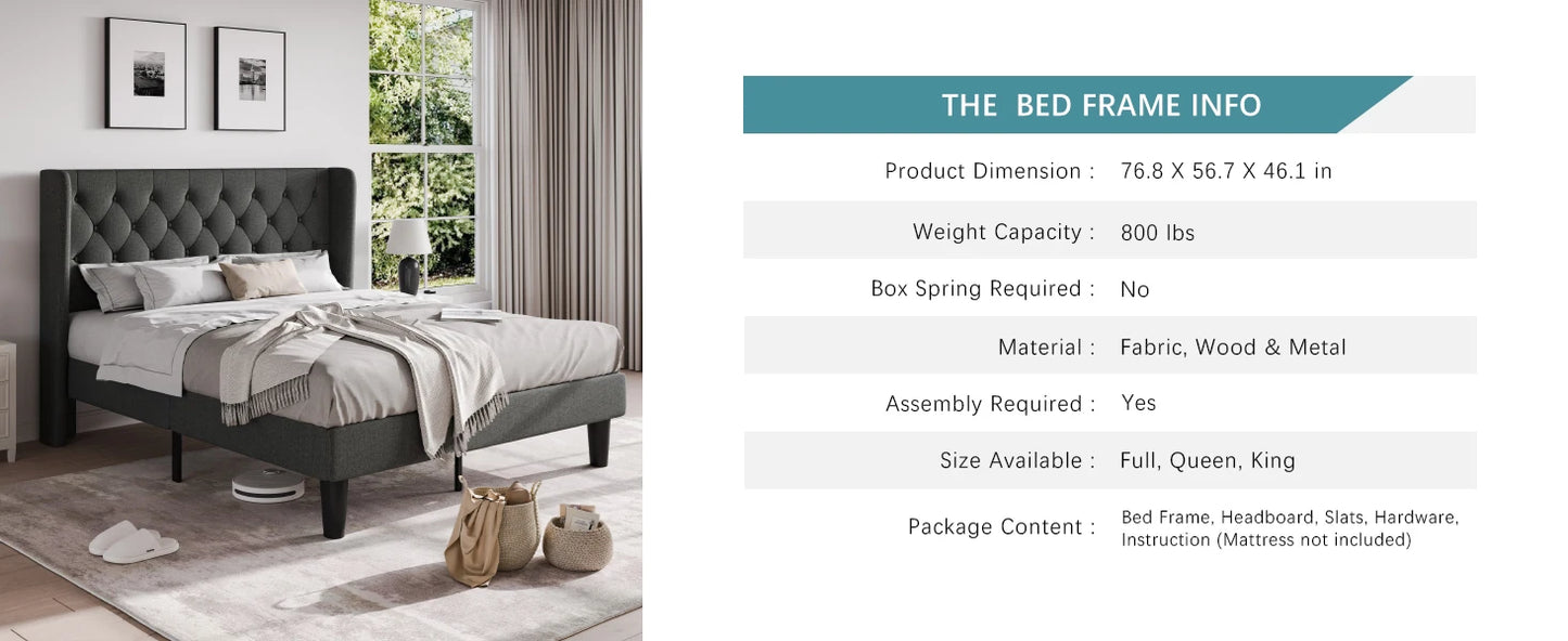 Classic Bed Frame with Button Tufted Wingback Headboard Platform Bed