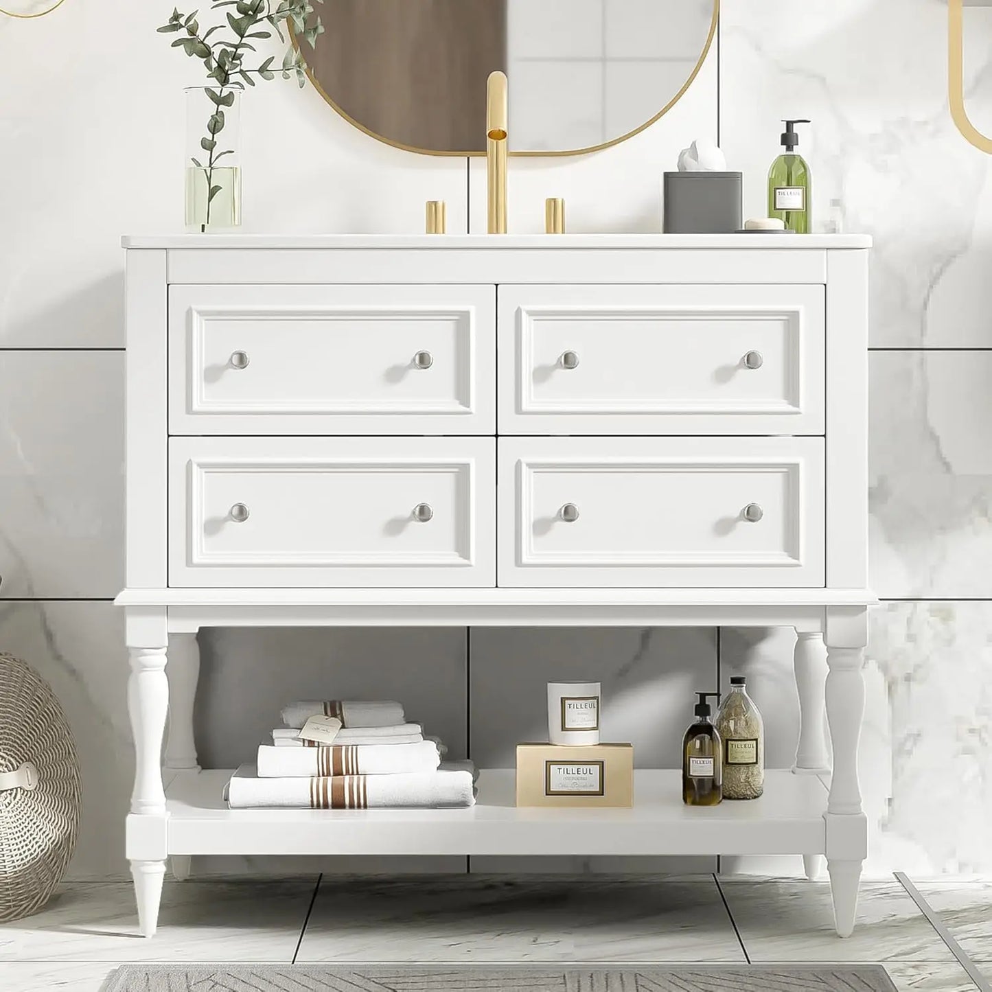 Bathroom Vanity with Sink Farmhouse Storage Cabinet 4 Drawers Open Shelf Solid Wood Frame