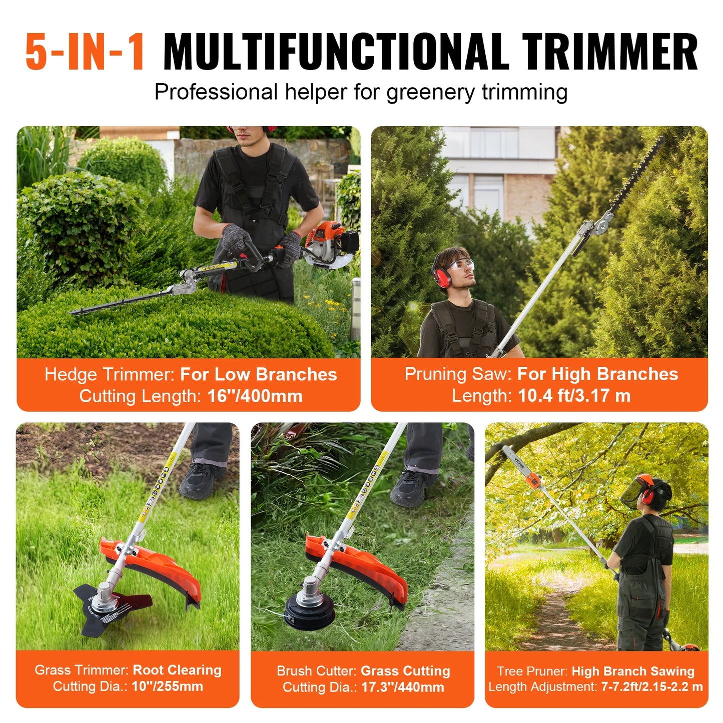 5-in-1 Multi-Functional Trimming Tools Gas Hedge Trimmer Weed Eater String Trimmer Edger Pole Saw Chainsaw Pruner