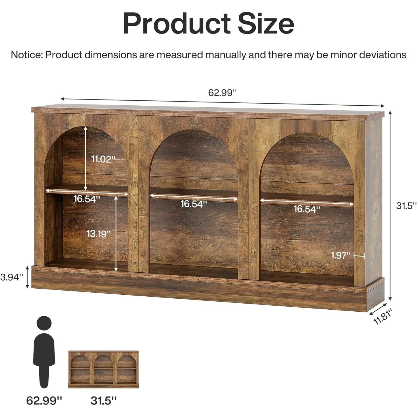 Farmhouse Console Table 63Inch, 3 Tier Storage Wooden Rectangular Sofa Table for Entryway Hallway Living Room Brown