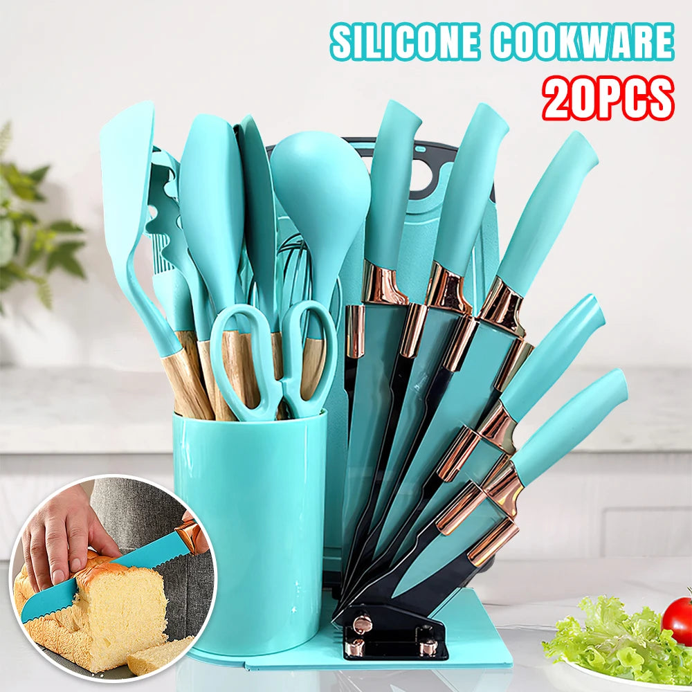 Silicone Utensil Set Non-Stick Heat-Resistant Cooking Kitchenware Chef Knife Easy-Clean Safe for Non-Stick Cookware