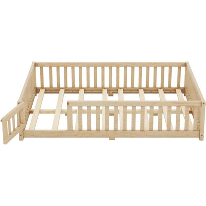 Toddler Floor Bed Frame with Safety Guardrails Doors Wood Slat Support Bed Detachable Platform Bed for Kids Bedroom Nursery