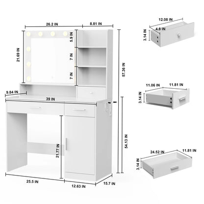 JHK Desser For Bedroom Vanity Desk with Mirror and Lights Adjustable Brightness with 2 Storage Cabinets 3 Drawers 6 Shelves