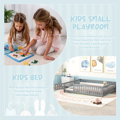 Toddler Floor Bed Frame with Safety Guardrails Doors Wood Slat Support Bed Detachable Platform Bed for Kids Bedroom Nursery