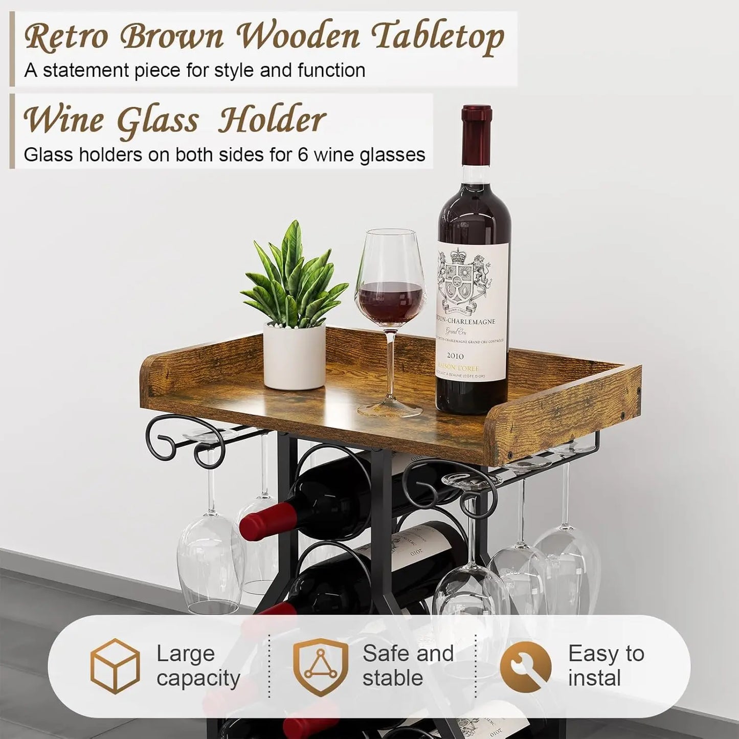 Freestanding Wine Rack with Tabletop and Glass Holder for Home Bar Kitchen Living Room