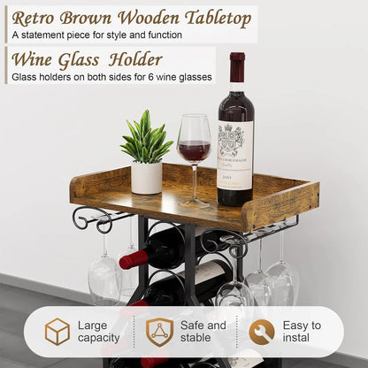 Freestanding Wine Rack with Tabletop and Glass Holder for Home Bar Kitchen Living Room