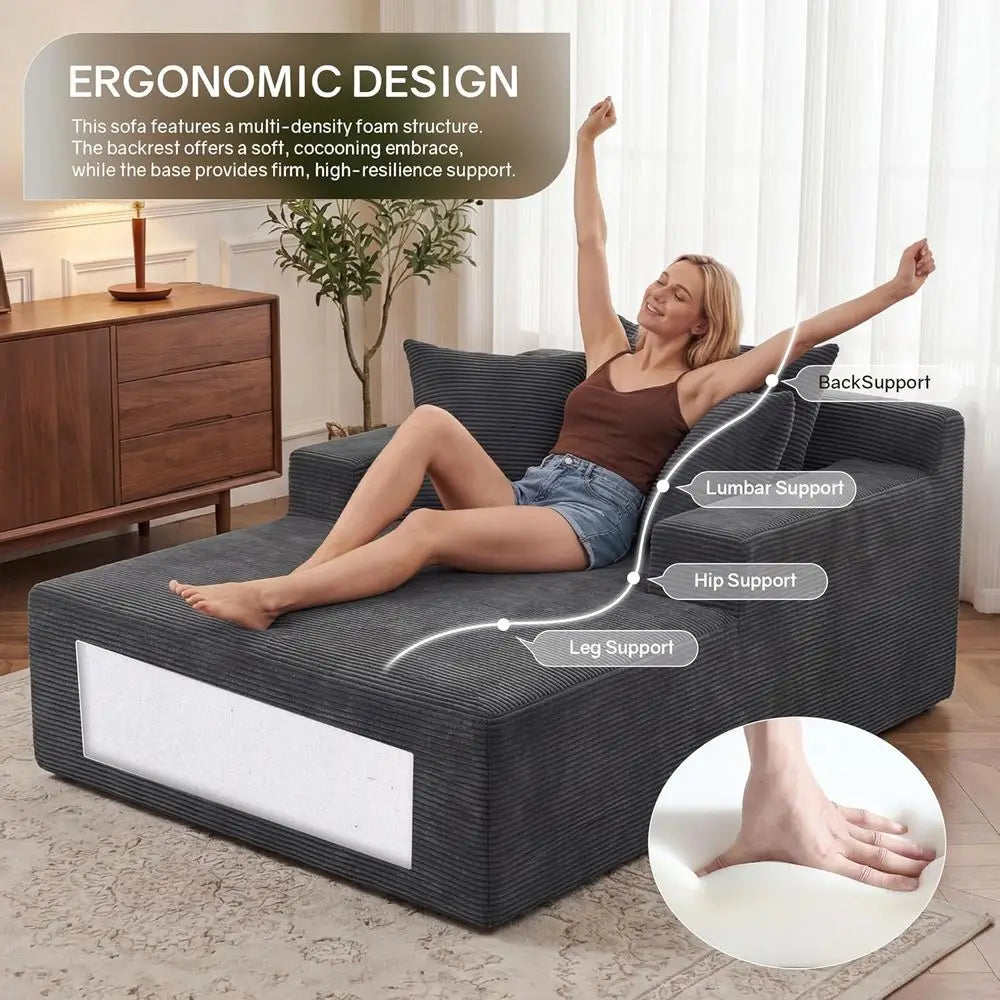 Oversized Chaise Lounge Chair with 3 Pillows, Corduroy Cloud Reading Chair, Deep Seat Sleeper Couch