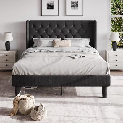 Classic Bed Frame with Button Tufted Wingback Headboard Platform Bed