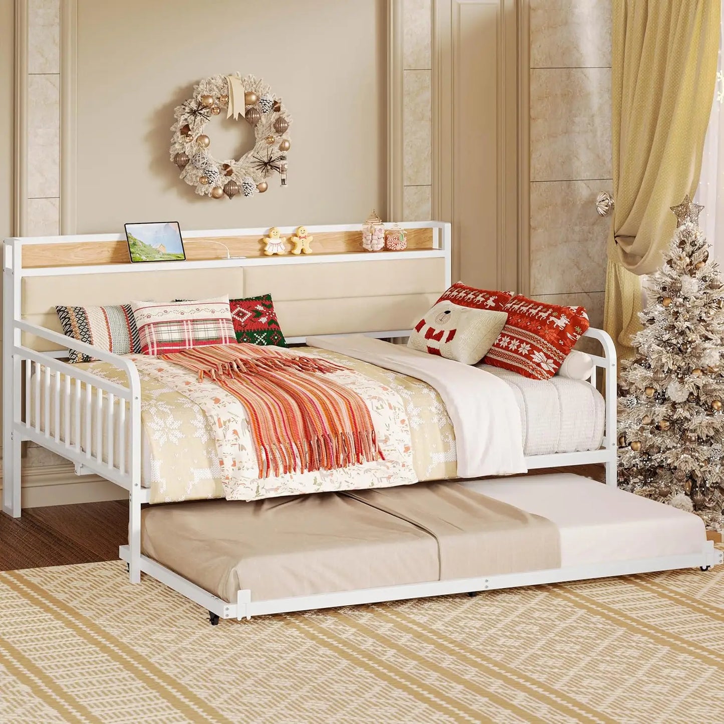 Daybed with Trundle, Sturdy Metal Full Twin XL Size Bed Frame with Upholstered Headboard Charging Station