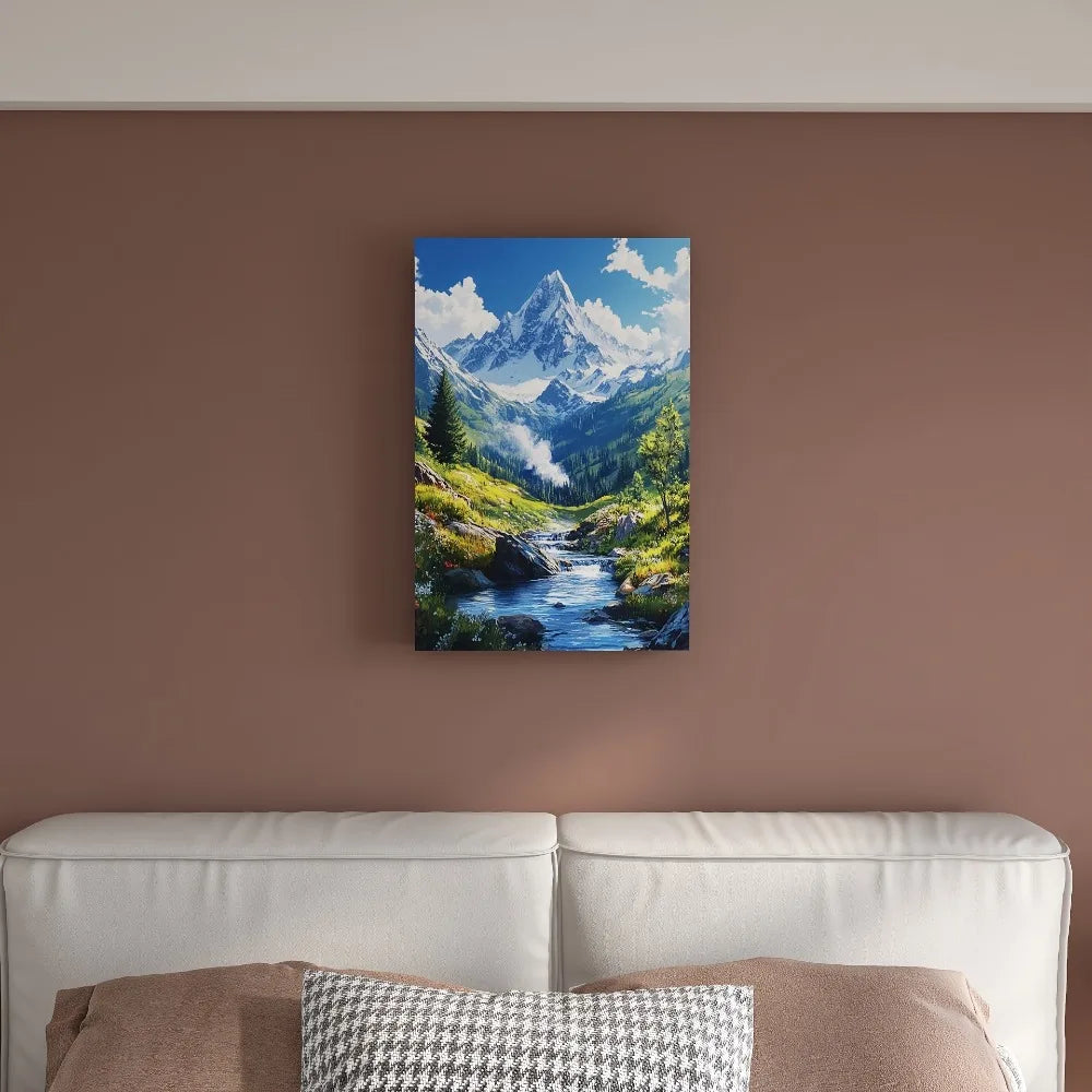 Show the mountain summer scenery, blue sky and white clouds, snowy mountains, interior decoration