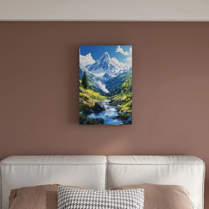 Show the mountain summer scenery, blue sky and white clouds, snowy mountains, interior decoration