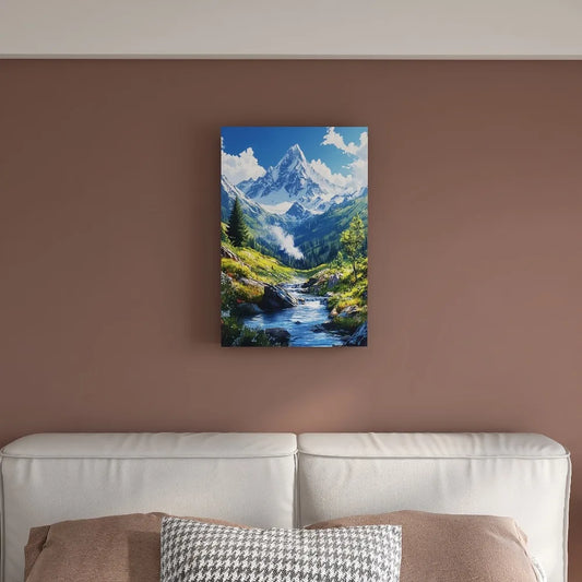 Show the mountain summer scenery, blue sky and white clouds, snowy mountains, interior decoration