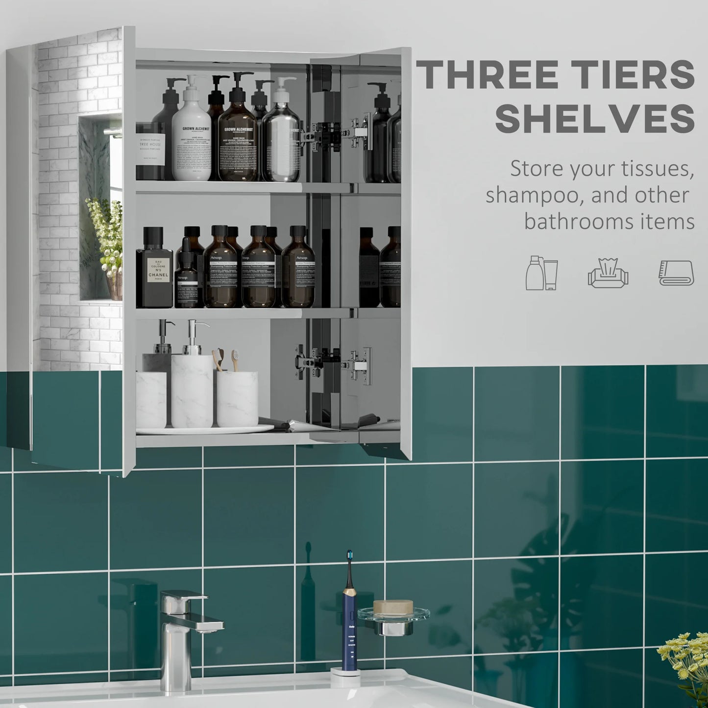 Wall-Mounted Medicine Cabinet with Mirror, Bathroom Mirror Cabinet Wall Mounted with Hinged Door, Storage Shelves