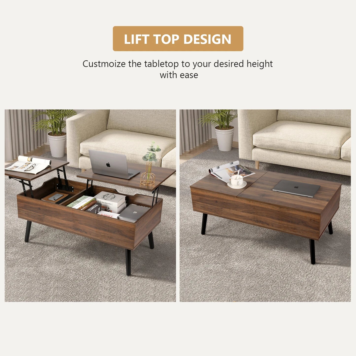 Lift Top Coffee Table with Separate and Hidden Storage Compartment, Double Lift Table Top for Home Living Room