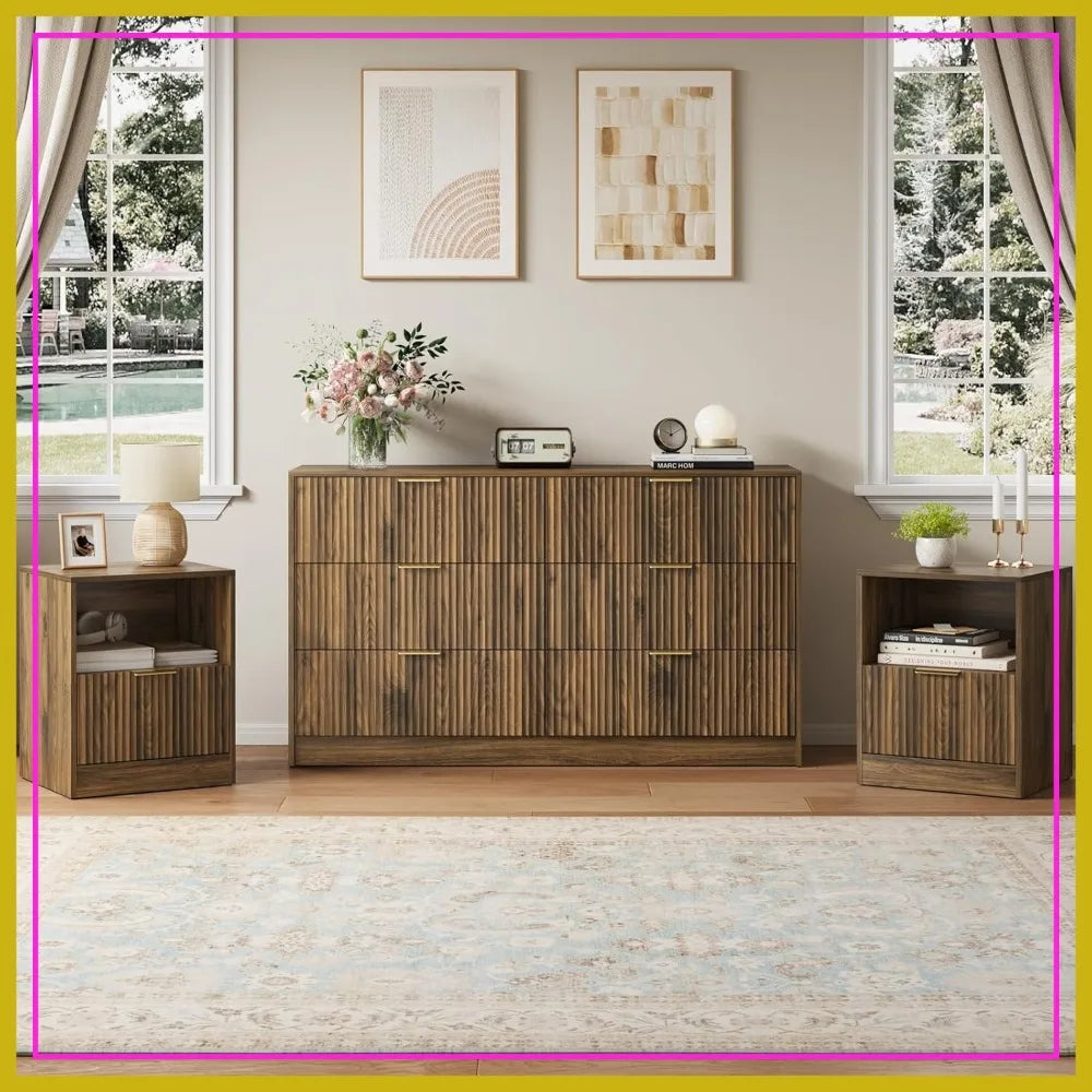 3-Piece Bedroom Set: 55" Dresser + 2 Nightstands, 8 Drawers, Walnut