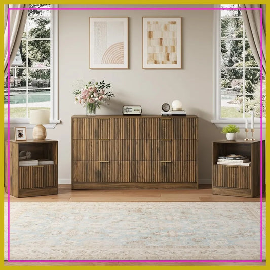 3-Piece Bedroom Set: 55" Dresser + 2 Nightstands, 8 Drawers, Walnut