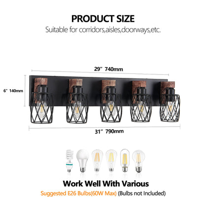 32 Inch 5-Light Vintage Mirror Sconce Black Cage Wall Sconce with Wooden Accents