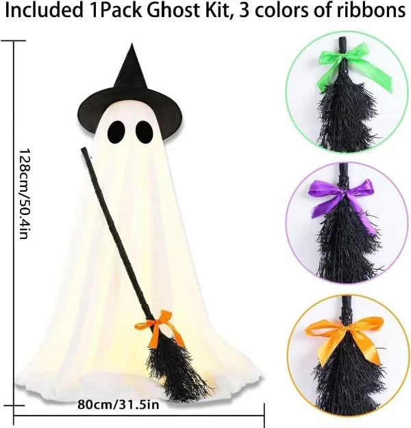 Spooky Ghost Halloween Decor with Witch Broom, Scary Ghosts Decor with LED Lights