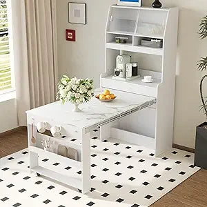 Modern Coffee Bar Cabinet, Compact 33.5"x15.7"x69" Buffet Cabinet with Hutch & Foldable Dining Table, Multifunctional Cupboard w